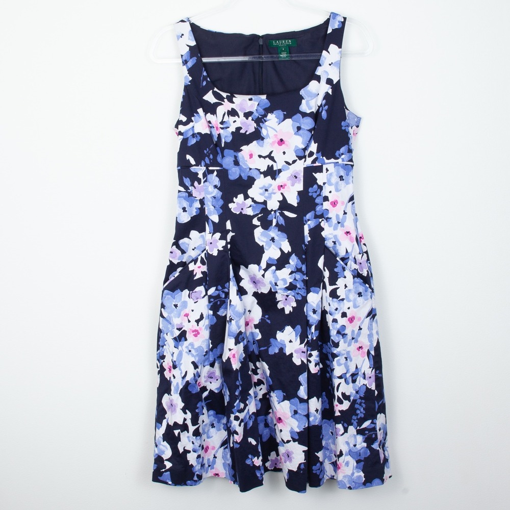 Lauren Ralph Lauren Floral Sleeveless Fit & Flare Midi Dress Pockets Size 8 Blue